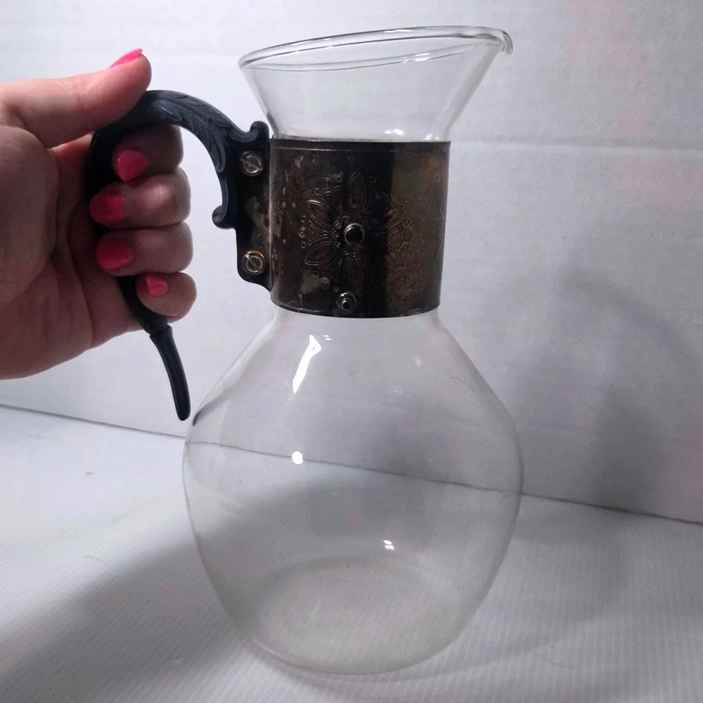 Vintage Glass Carafe Silver Plated Collar Black Plastic Handle Floral Motif